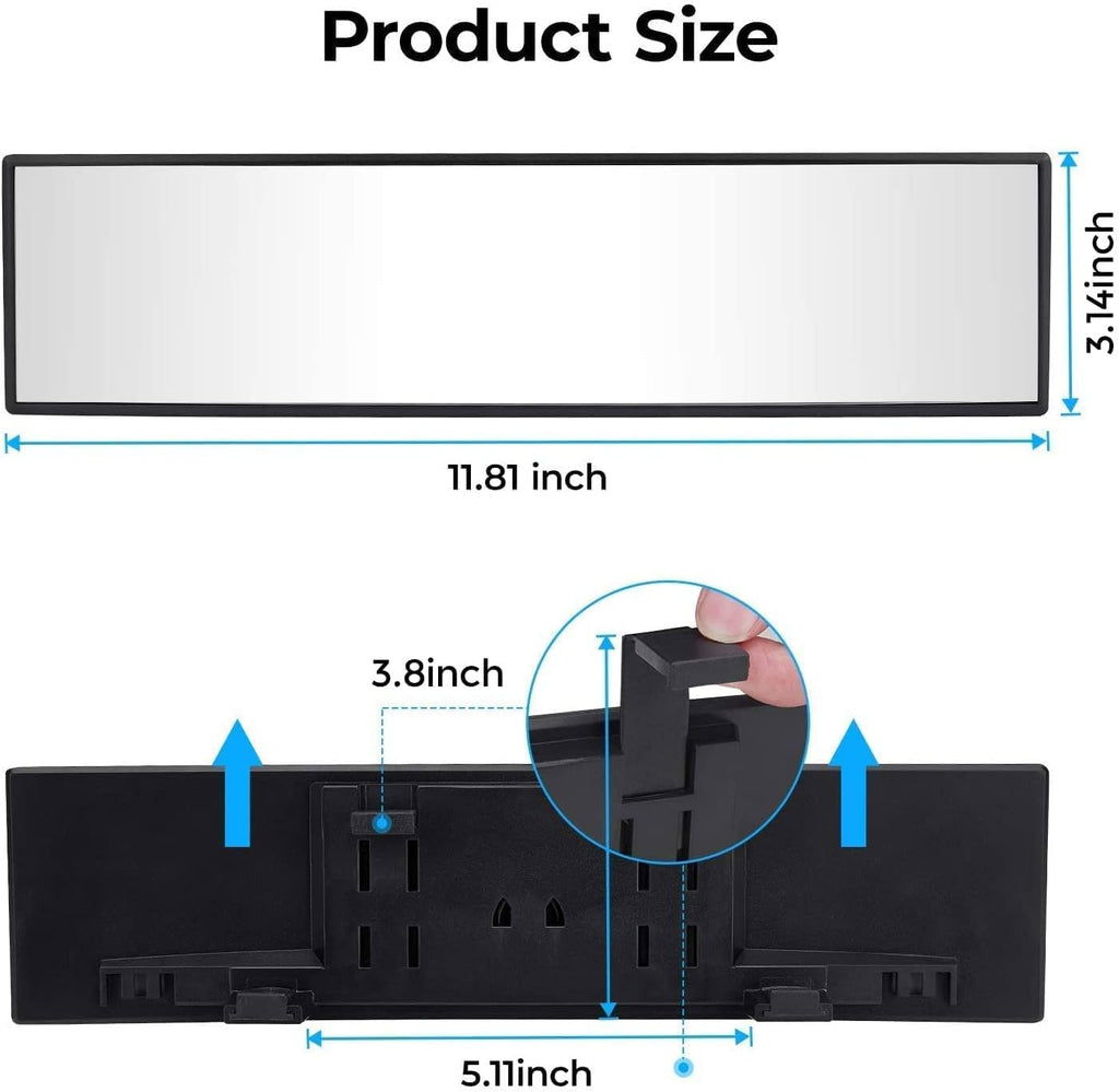 Panoramic Rear View Mirror, 12 Inch Wide Angle Clip on Mirror | Universal Car Interior Accessories, Convex Interior Mirror Reduces Blind Spot, Clear Vision, Fits Car SUV Trucks