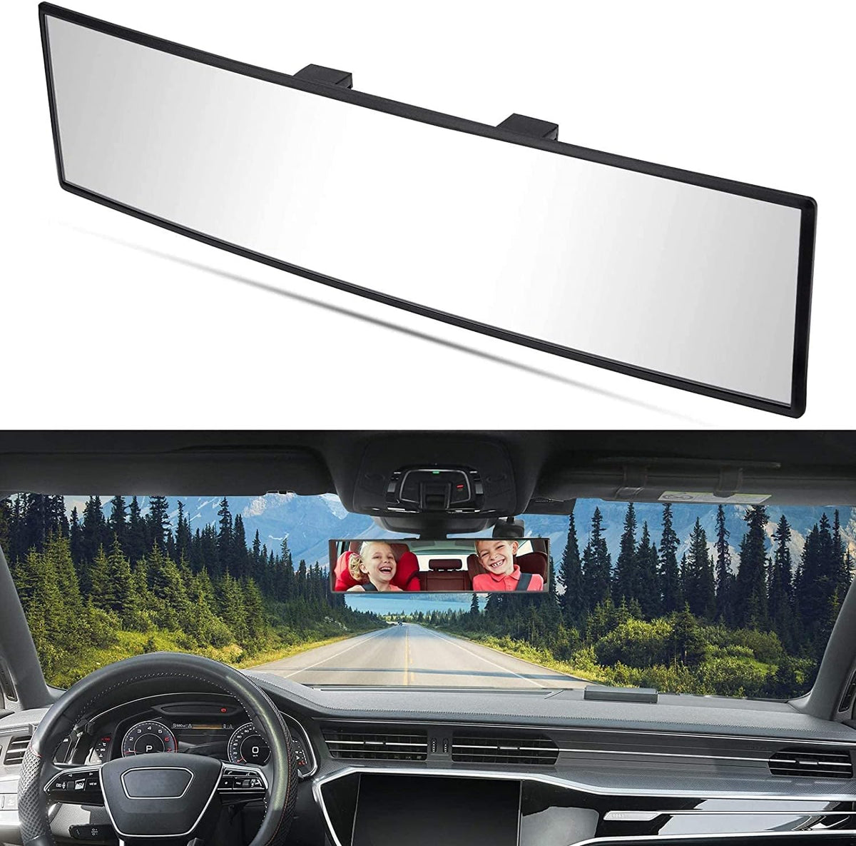 Panoramic Rear View Mirror, 12 Inch Wide Angle Clip on Mirror | Universal Car Interior Accessories, Convex Interior Mirror Reduces Blind Spot, Clear Vision, Fits Car SUV Trucks