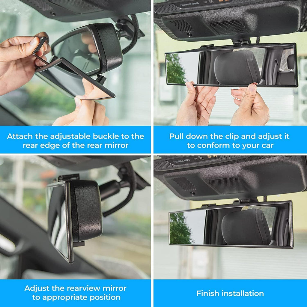 Panoramic Rear View Mirror, 12 Inch Wide Angle Clip on Mirror | Universal Car Interior Accessories, Convex Interior Mirror Reduces Blind Spot, Clear Vision, Fits Car SUV Trucks